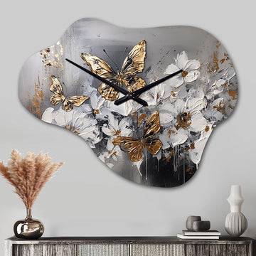 Golden White Butterfly Wings And Flowers I - Asymmetric Metal Wall Clock